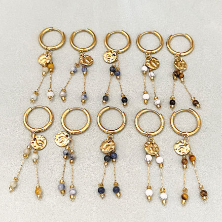 Simple Series Retro Beads Circle Hammer Pattern Stainless Steel Waterproof Gold Color Women's Beads Earrings 2