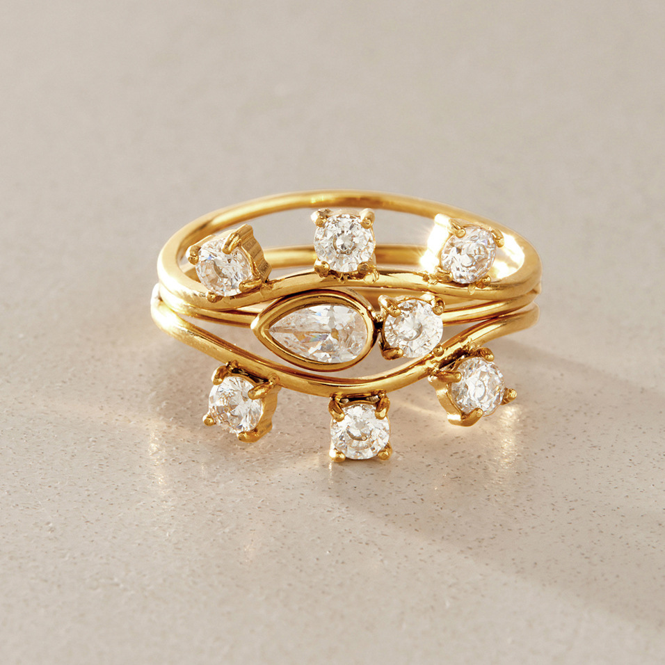 Simple Series Elegant Droplet Irregular Shape Stainless Steel Waterproof   Gold Color  Zircon Ring Sets Picture3