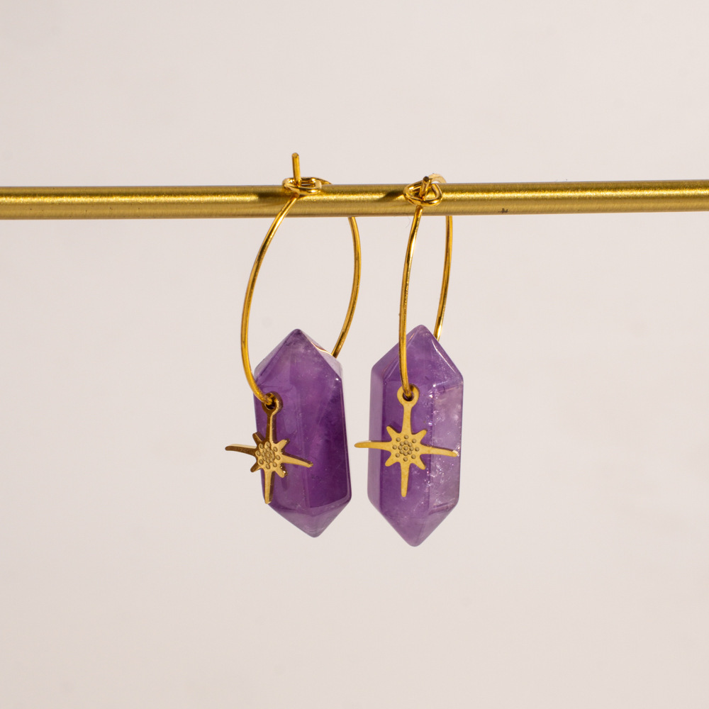 Ethnic Series Bohemian Sun Star Shape Stainless Steel Waterproof Gold Color Natural Stone Women's Drop Earrings Picture4