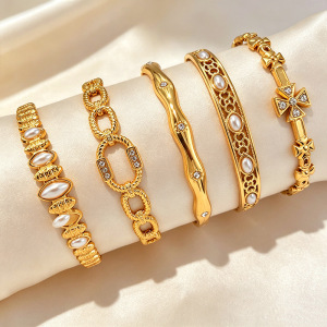 Luxurious Series Retro Irregular Shape Polka Dots Stainless Steel Waterproof Gold Color Bangles h5 Picture2