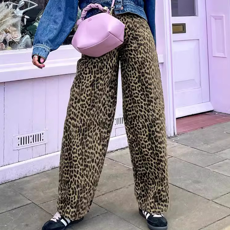 Retro Color Clash Leopard Print Straight Cotton Pants h5Picture2