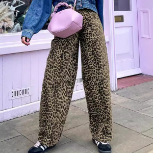 Retro Color Clash Leopard Print Straight Cotton Pants h5 Picture2