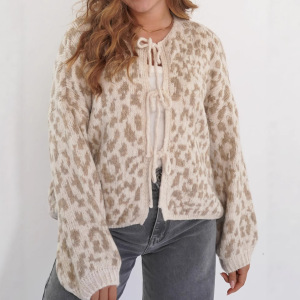 Cute Color Clash Stylish Vintage Leopard Print Tie Knit Cardigan h5 Picture3