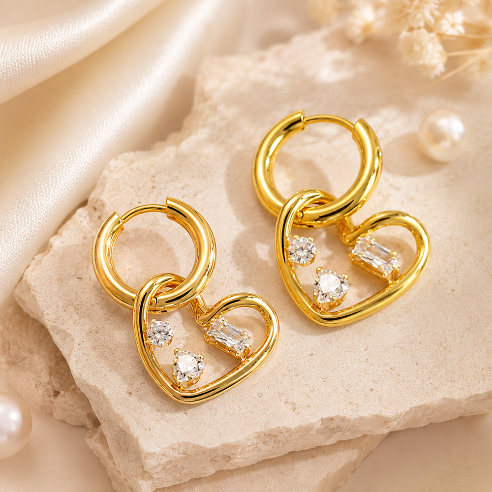 Simple Heart Stainless Steel Waterproof Gold Color Zircon Women's Drop Earrings h5Picture2