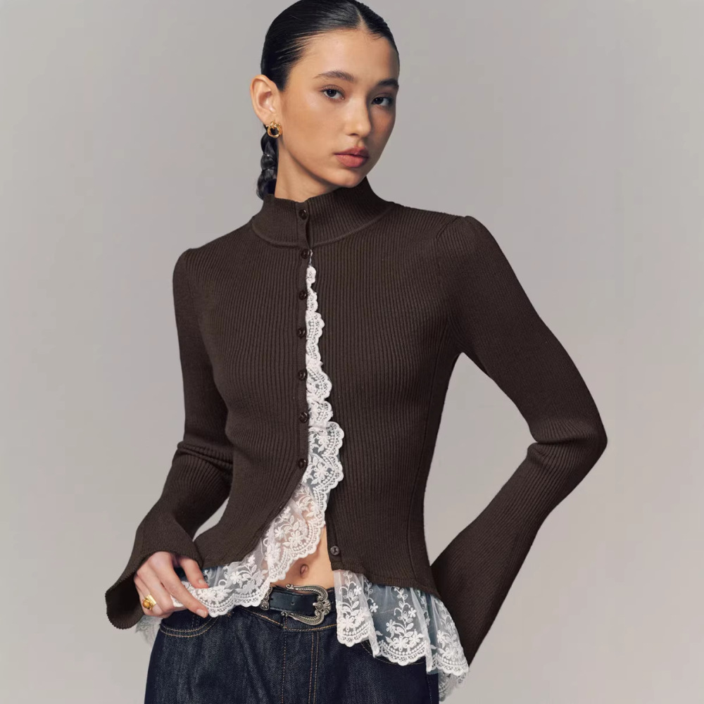 Elegant Solid Color Button Lace Panel Skinny  Knit Cardigan Picture4