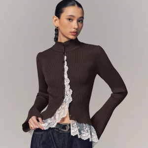 Elegant Solid Color Button Lace Panel Skinny  Knit Cardigan h5 Picture4