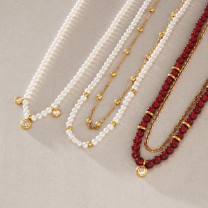 Romantic Series Retro Beads Stainless Steel Waterproof   Gold Color  Women's Beaded Necklaces h5 Picture4