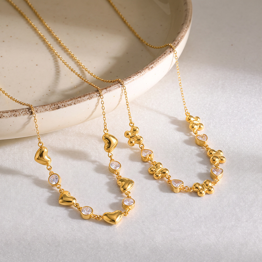 Romantische Serie – Tägliche Herz-Schmetterlings-Perlenkette Aus Edelstahl, Wasserdicht, Goldfarben, Für Damen Bild2
