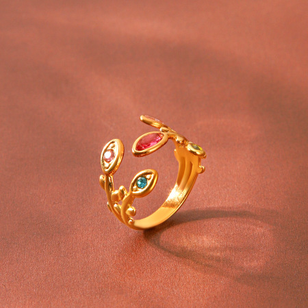 Simple Series Daily Leaf Stainless Steel Waterproof Gold Color Zircon Women's Gemstone Rings