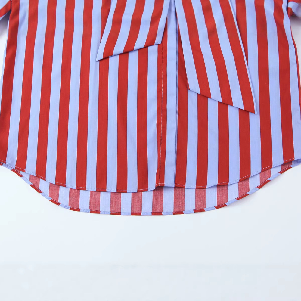 Casual Stripes Bow Tie-Up Loose Fit  Blouses & Shirts Picture4