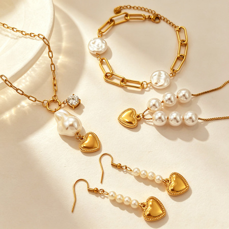 Romantic Series Classic Heart Stainless Steel Waterproof   Gold Color  Jewelry Sets