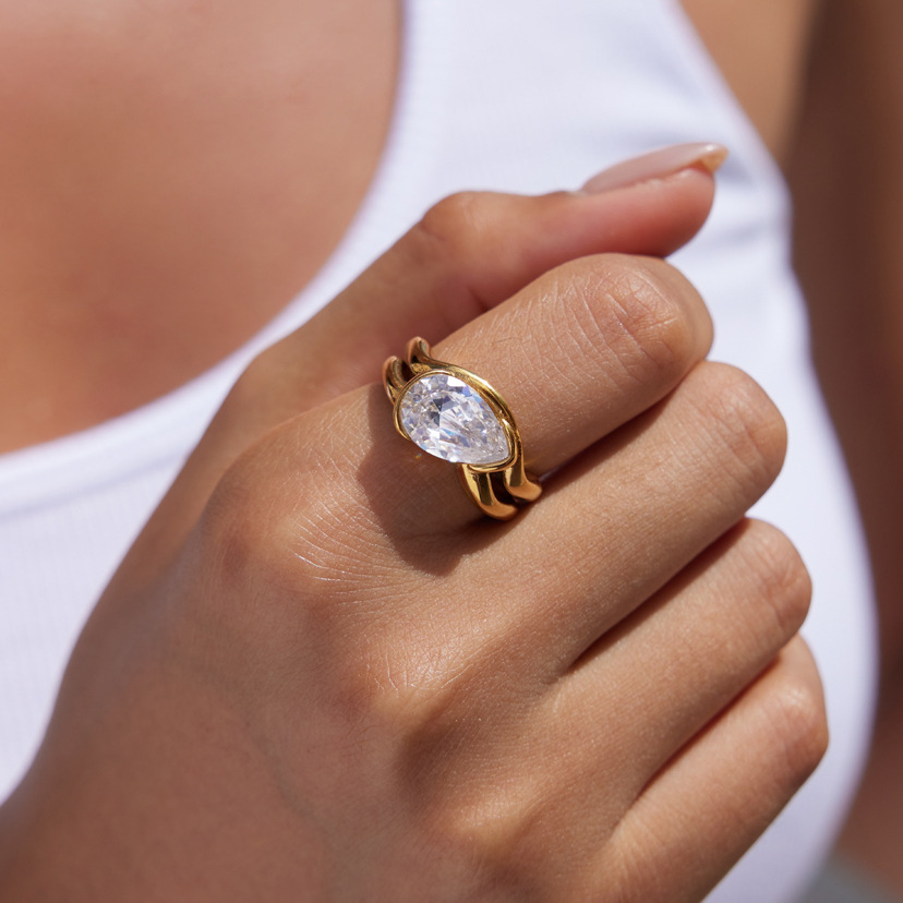 Luxurious Series Simple Droplet Stainless Steel Waterproof Gold Color Zircon Women's Gemstone Rings Picture3