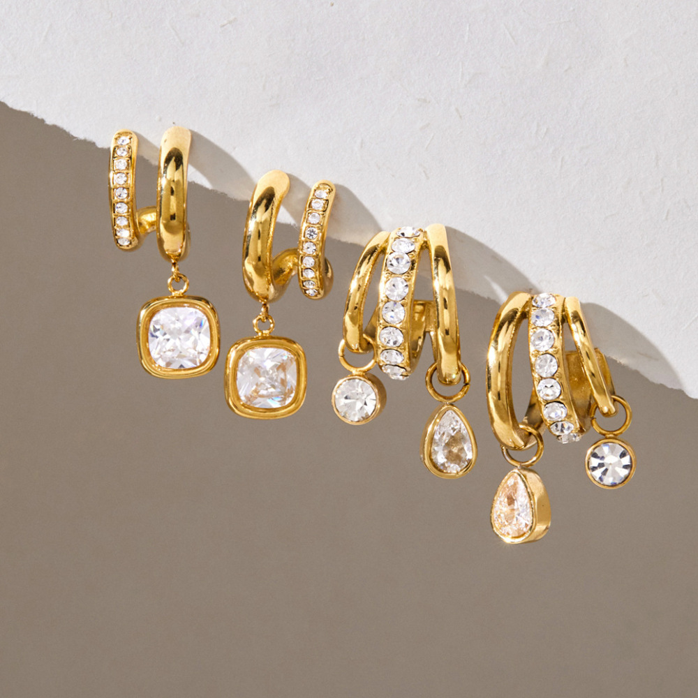Geometric Shape Stainless Steel Waterproof Gold Color Zircon Women's Stud Earrings Picture2