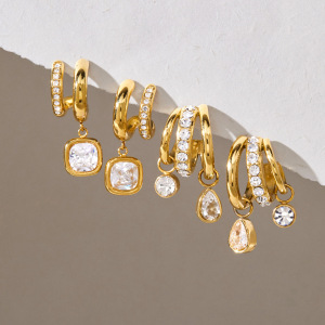 Geometric Shape Stainless Steel Waterproof Gold Color Zircon Women's Stud Earrings h5 Picture2