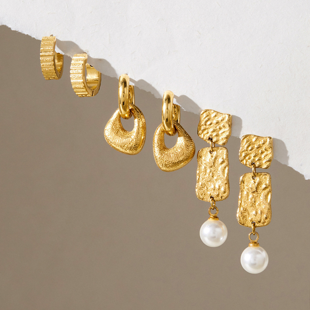 Simple Series Retro Irregular Shape Hammer Pattern Stainless Steel Waterproof Gold Color Women's Drop Earrings Picture2