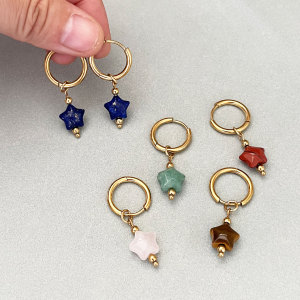 Simple Series Retro Star Circle Stainless Steel Waterproof   Gold Color  Natural Stone Women's Hoop Earrings h5 Picture2