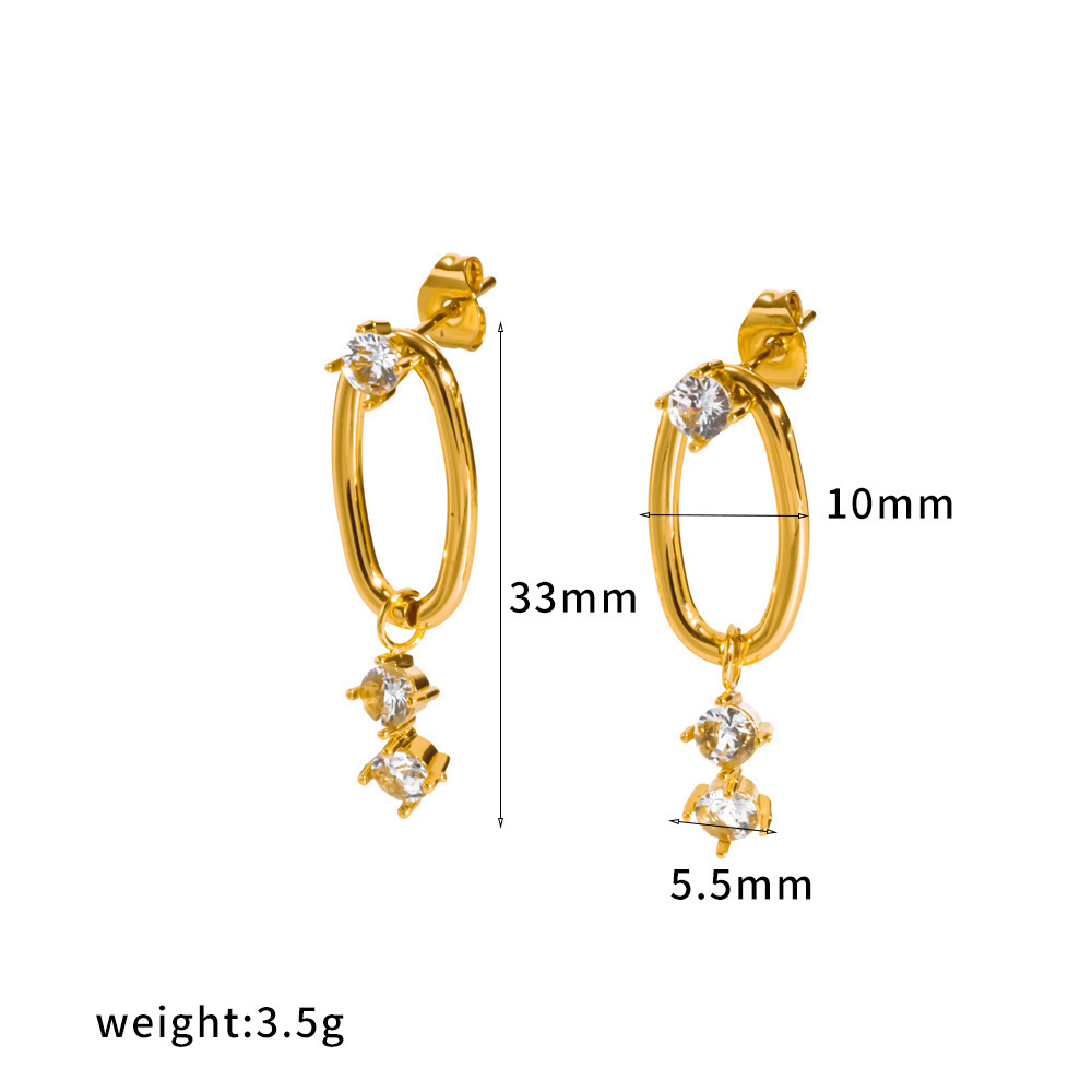 Geometric Shape Stainless Steel Waterproof Gold Color Rhinestone Women's Drop Earrings 