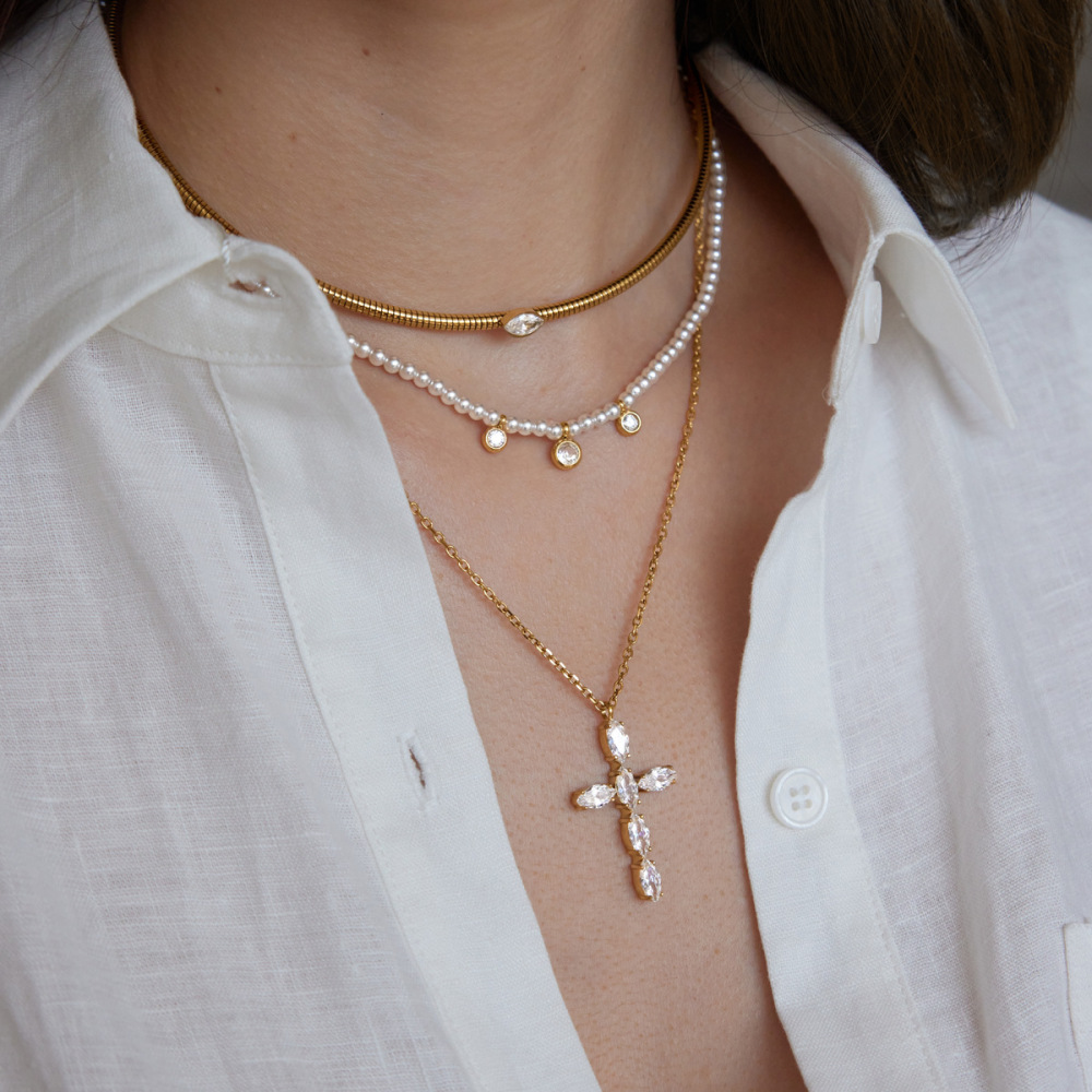 Romantic Series Retro Beads Stainless Steel Waterproof   Gold Color  Women's Beaded Necklaces Picture2
