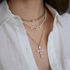 Romantic Series Retro Beads Stainless Steel Waterproof   Gold Color  Women's Beaded Necklaces h5 Picture2