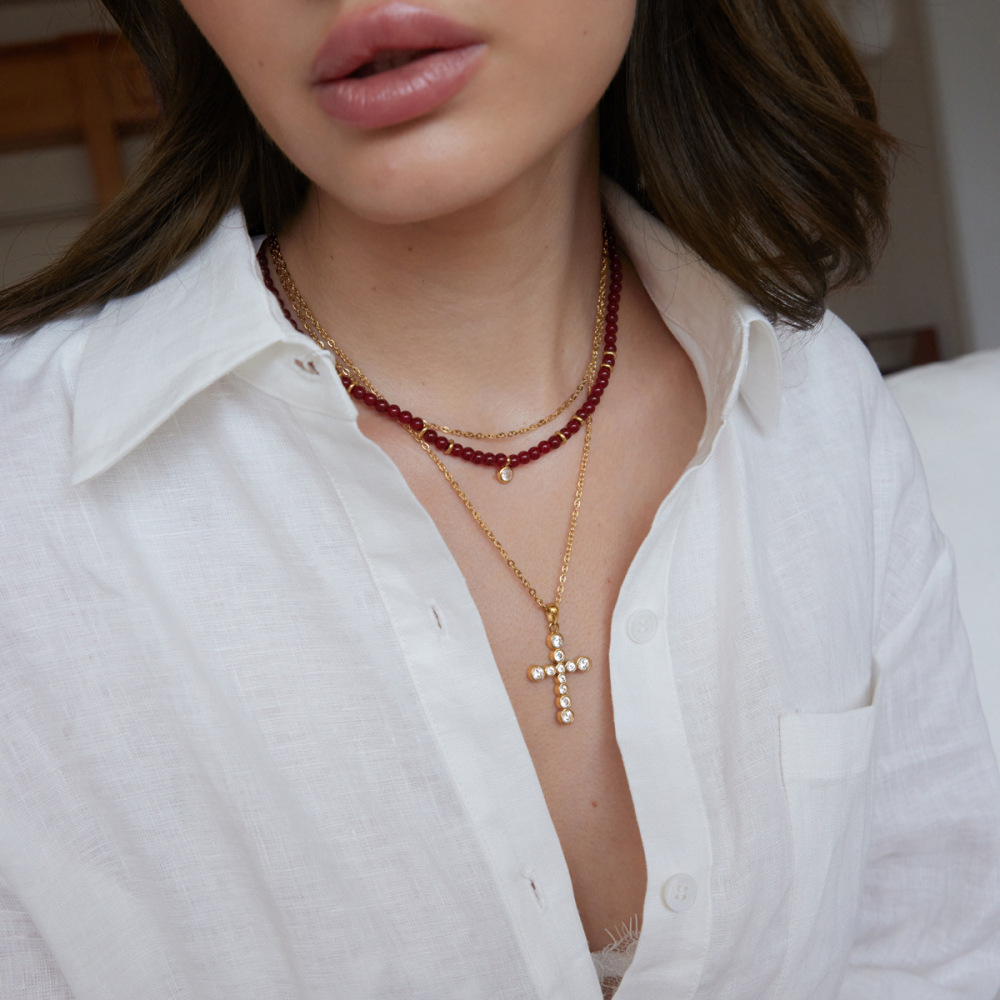 Romantic Series Retro Beads Stainless Steel Waterproof   Gold Color  Women's Beaded Necklaces Picture3