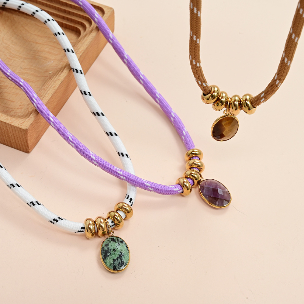 Collares Trenzados Para Mujer De La Serie Simple Daily, Con Forma Elíptica, De Acero Inoxidable, Resistentes Al Agua, Color Dorado Y Piedra Natural. Imagen4