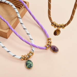 Collares Trenzados Para Mujer De La Serie Simple Daily, Con Forma Elíptica, De Acero Inoxidable, Resistentes Al Agua, Color Dorado Y Piedra Natural. h5 Imagen4