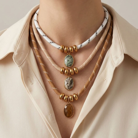 Collares Trenzados Para Mujer De La Serie Simple Daily, Con Forma Elíptica, De Acero Inoxidable, Resistentes Al Agua, Color Dorado Y Piedra Natural. 2