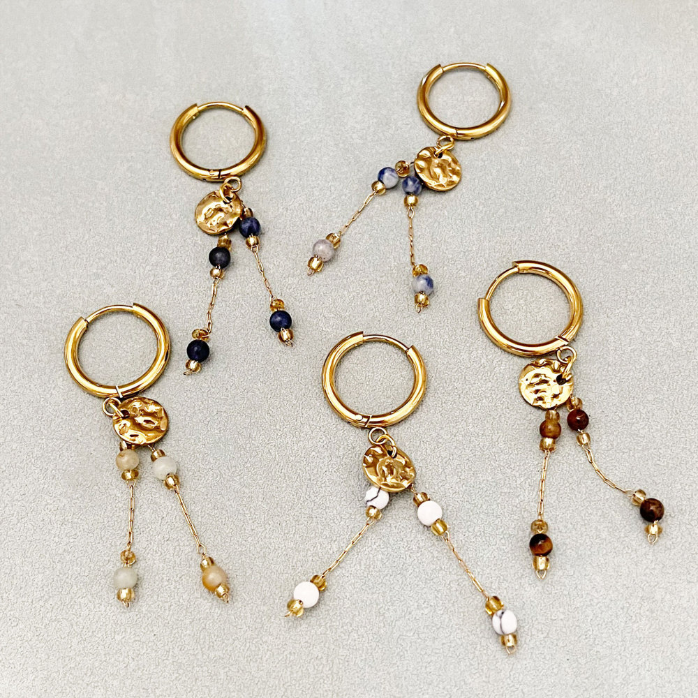 Simple Series Retro Beads Circle Hammer Pattern Stainless Steel Waterproof Gold Color Women's Beads Earrings h5Picture3