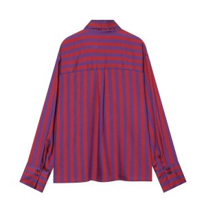 Retro Stylish Long Sleeve Stand Collar Double Breasted Striped Bow Shirt h5 Picture2