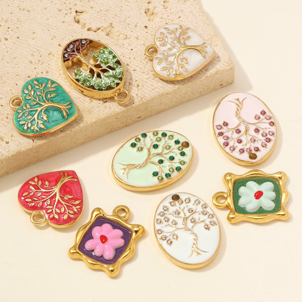 Romantic Series Enamel Flower Heart Stainless Steel Waterproof Gold Color Rhinestone Women's Pendants Picture3
