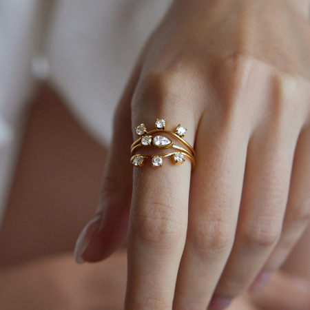 Simple Series Elegant Droplet Irregular Shape Stainless Steel Waterproof   Gold Color  Zircon Ring Sets