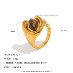 Ellipsvormige Ring Van Natuursteen, Roestvrij Staal, Waterdicht, Goudkleurig, Voor Dames. h5 
