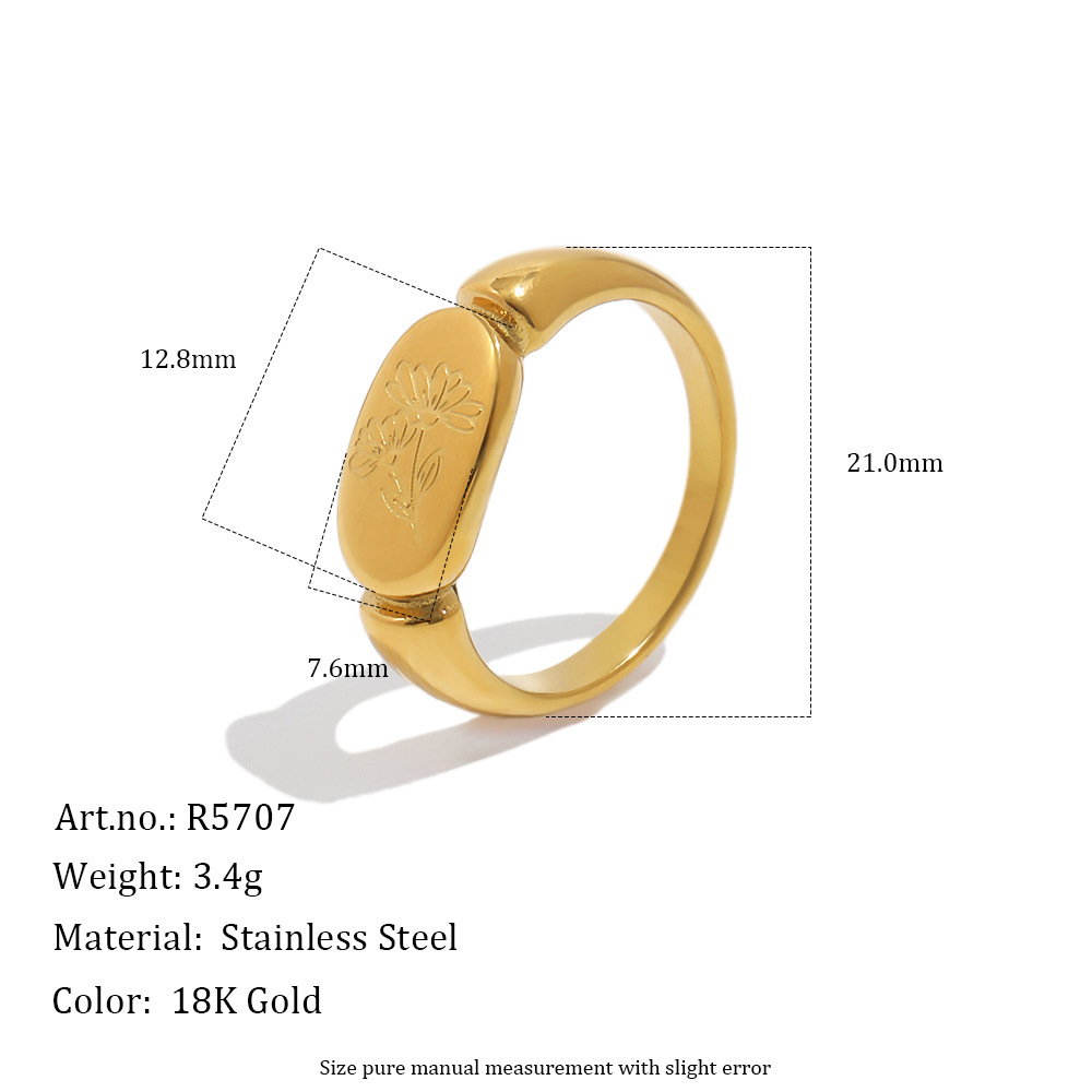 Flower Pattern Stainless Steel Waterproof Gold Color Signet Rings 