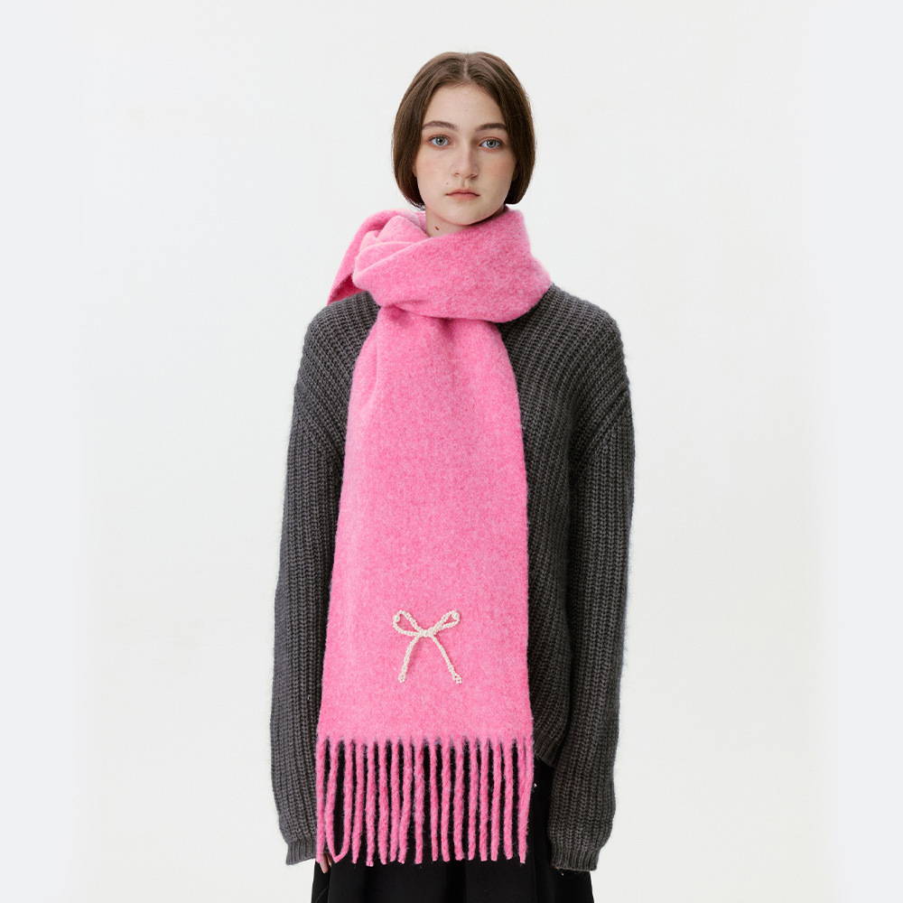 Simple Series Sweet Bow Knot Solid Color Tassel Wool Polyester Blend Winter Scarves h5Picture3