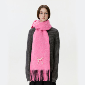 Simple Series Sweet Bow Knot Solid Color Tassel Wool Polyester Blend Winter Scarves h5 Picture3