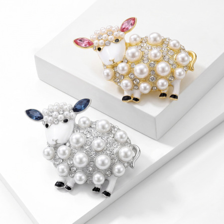 Luxe Serie Schattige Dierenbroches Met Lammetje, Effen Kleur, Metaal, Strass Steentjes En Kunstparels. 2