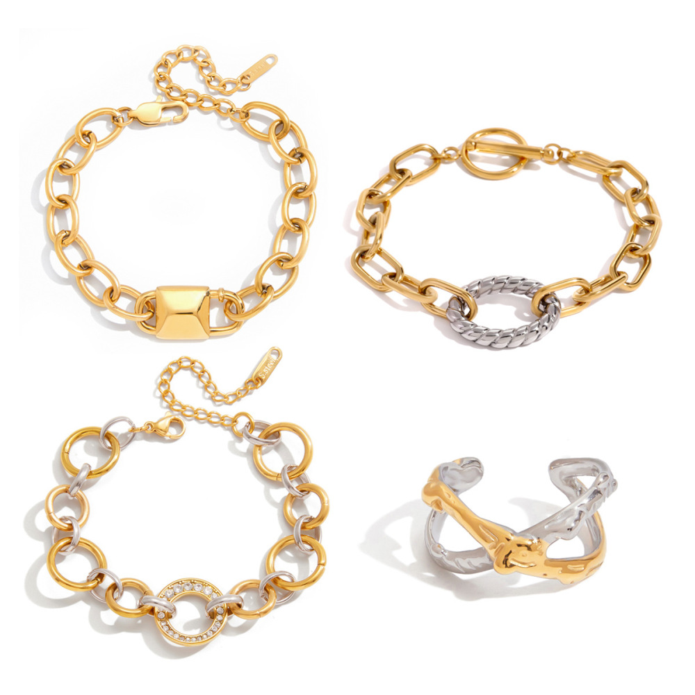Simple  Lock Mixed Gold Color And Silver Colors Stainless Steel Waterproof   Gold Color  Women's Chain Bracelets Picture5