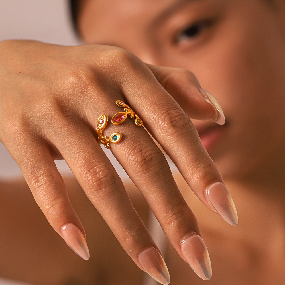 Simple Series Daily Leaf Stainless Steel Waterproof   Gold Color  Zircon Women's Gemstone Rings Picture8