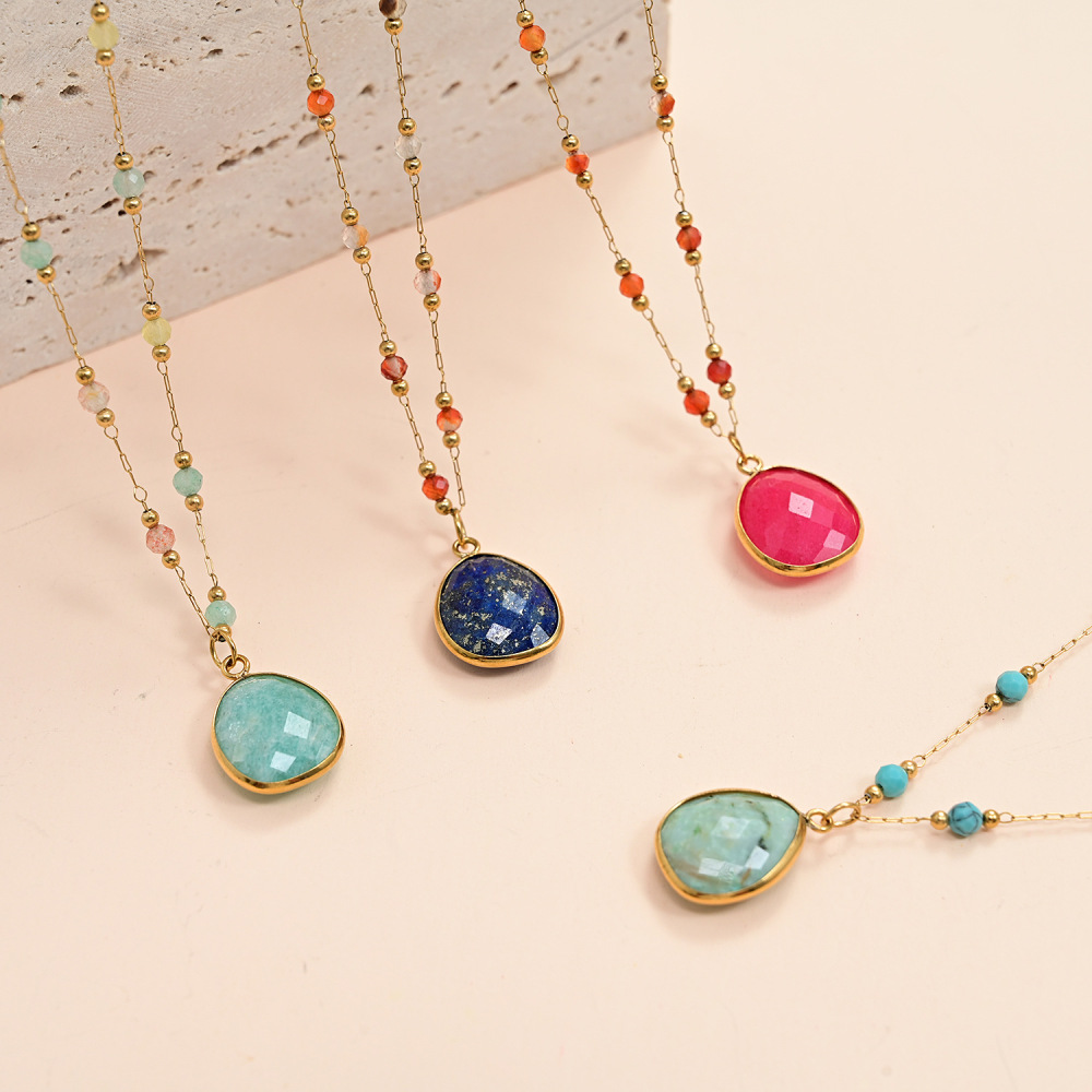 Collana Con Pendente Da Donna Classic Series Daily Droplet Beads In Acciaio Inossidabile Impermeabile Color Oro Con Pietra Naturale. Immagine4