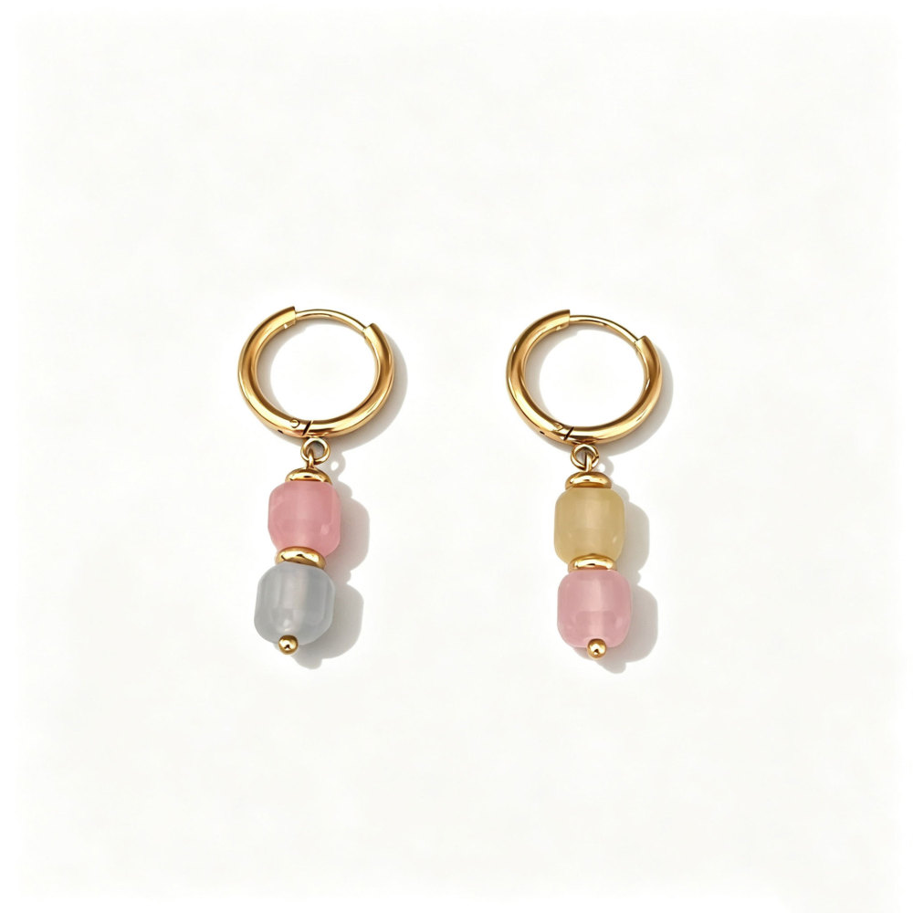 Simple Series Retro Beads Stainless Steel Waterproof   Gold Color  Natural Stone Women's Hoop Earrings 