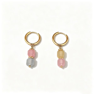 Simple Series Retro Beads Stainless Steel Waterproof   Gold Color  Natural Stone Women's Hoop Earrings h5 