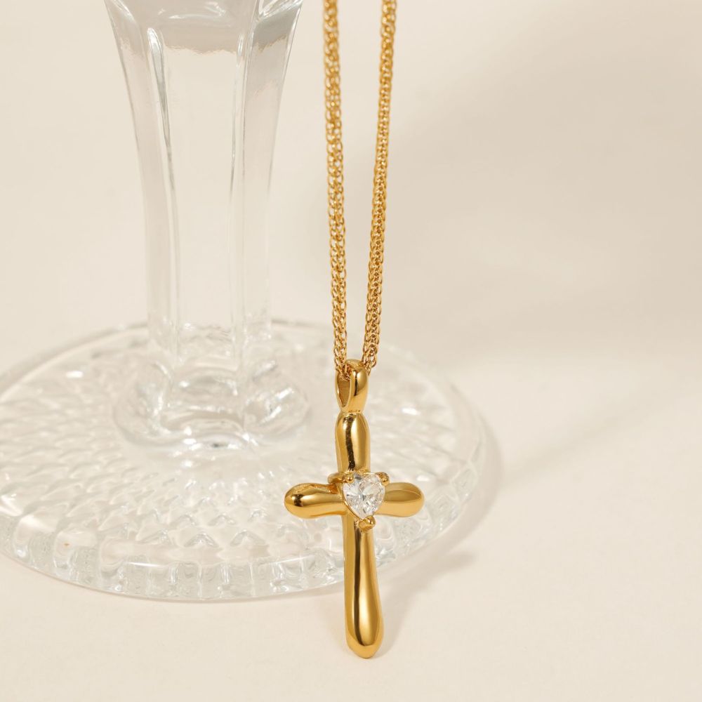 Simple Series  Heart Cross Stainless Steel Waterproof   Gold Color  Zircon Women's Pendant Necklaces Picture2