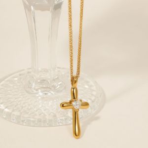 Simple Series  Heart Cross Stainless Steel Waterproof   Gold Color  Zircon Women's Pendant Necklaces h5 Picture2