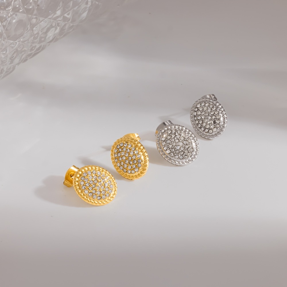 Ellipse Shape Stainless Steel Waterproof Gold Color Rhinestone Women's Stud Earrings Picture2
