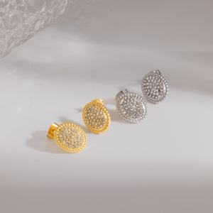 Ellipse Shape Stainless Steel Waterproof Gold Color Rhinestone Women's Stud Earrings h5 Picture2