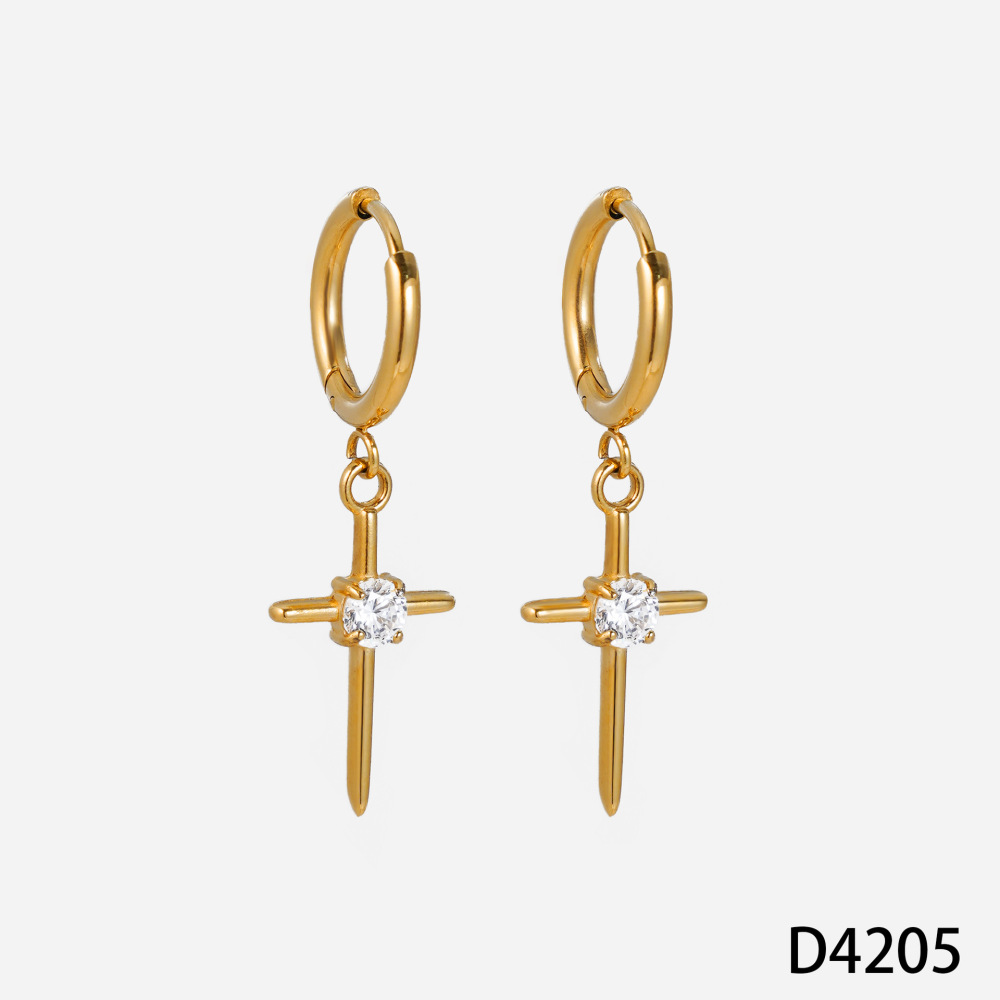 Simple Cross Stainless Steel Waterproof Gold Color Zircon Women's Drop Earrings