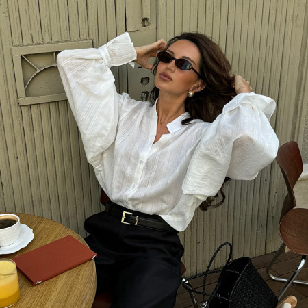 Elegant Solid Color Ruffle Edge Loose Fit  Blouses & Shirts