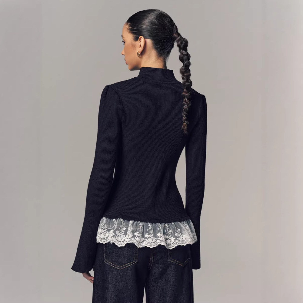 Elegant Solid Color Button Lace Panel Skinny  Knit Cardigan Picture3