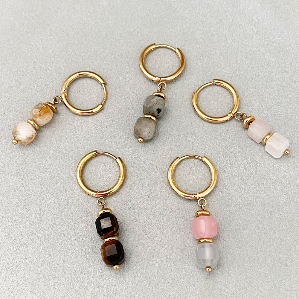 Simple Series Retro Beads Stainless Steel Waterproof   Gold Color  Natural Stone Women's Hoop Earrings Picture3