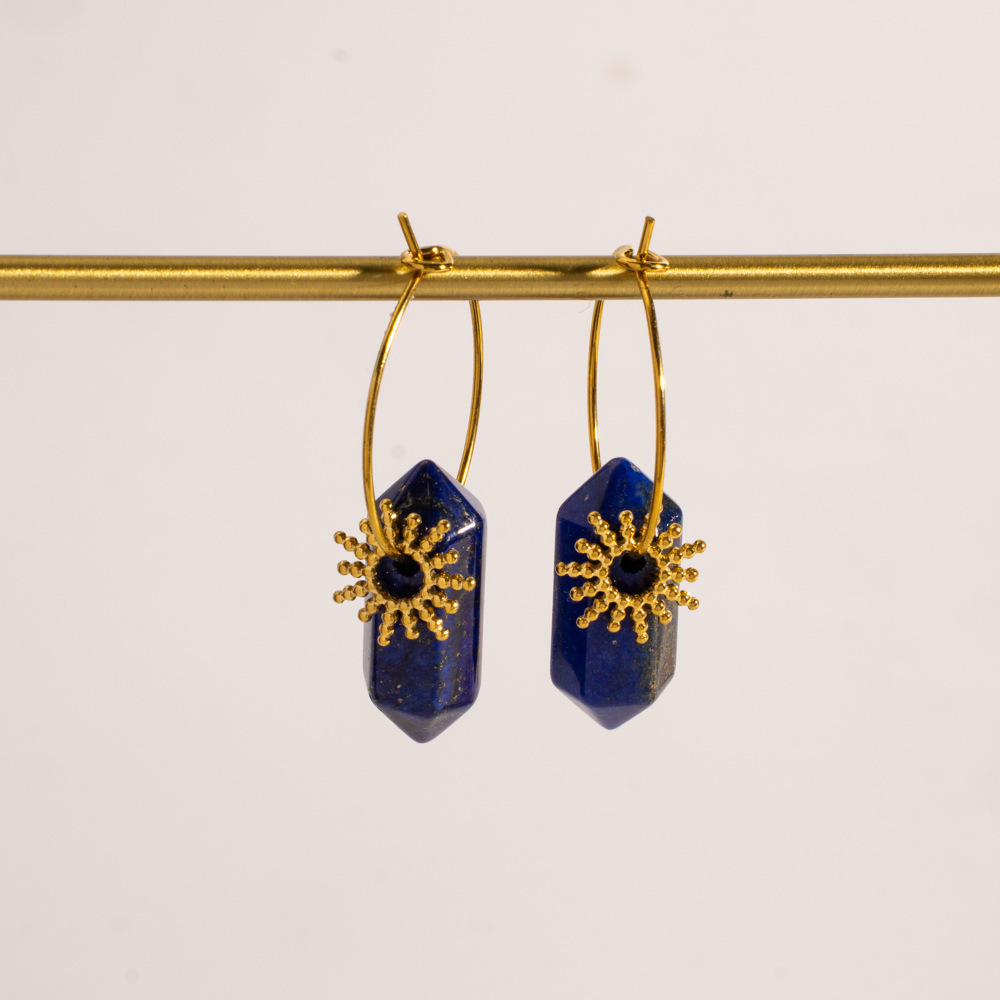 Ethnic Series Bohemian Sun Star Shape Stainless Steel Waterproof Gold Color Natural Stone Women's Drop Earrings Picture3